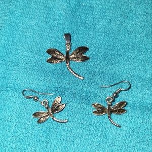 Dragonfly Pendant & Dangle earrings, brown & silver